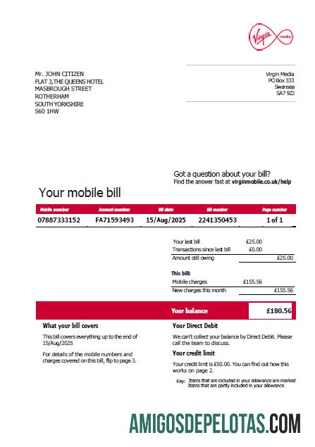 imprimível Modelo de conta de serviços públicos da Virgin Media dos EUA em formatos Word e PDF, versão 2